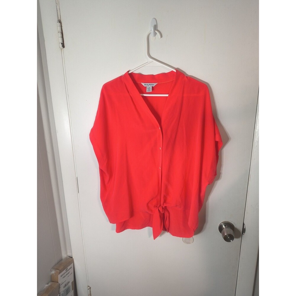 Tommy Bahama 100% Silk Tie Front Blouse V-Neck Top Pink Coral Red Size L Large